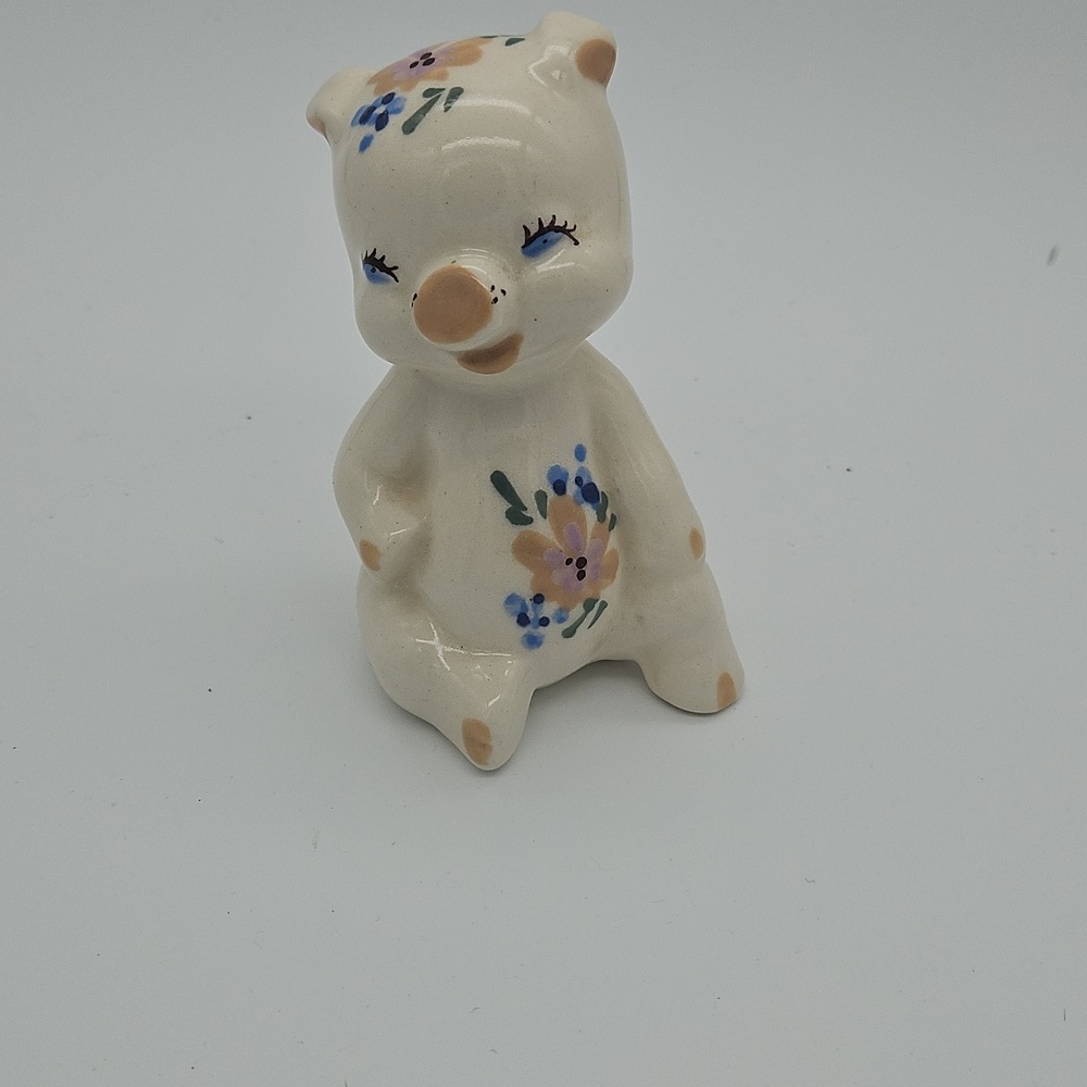 Vintage Floral Ceramic Pig Figurine - Cream, Blue, Pink